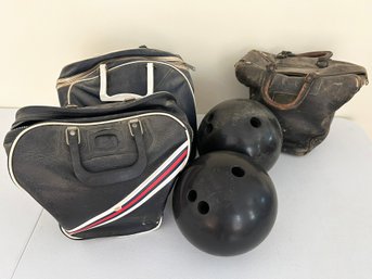 A Pair Of Vintage Bowling Balls And Vinyl Bags