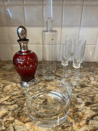 Hungarian Glass Decanter & 6 Cordial Glasses, Venetian Red Glass Decanter & Krosno Bowl From Poland