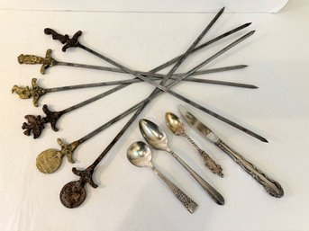 Six Vintage Brss Skewers Paired With Silver Plate Spoons And Knife