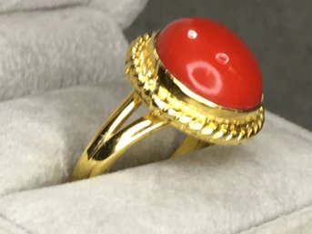 Wonderful Sterling Silver With 18k Gold Overlay Ring With Dome Red Coral - Highly Polished - Very Pretty Ring