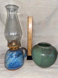 Hand Made Pottery Green Vase 5.5in And Blue & White Oil Lamp 14in No Chips