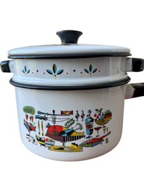 Vintage Enamel Pot Double Boiler Folk Art Thanksgiving Turkey Mid Century