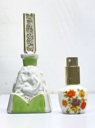 West German Jlona Hand Painted Milk Glass Perfume Bottle & German White Porcelain Gold Accent Perfume Bottle