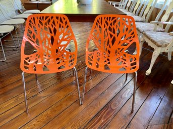 Pair Of LeisureMod Modern Asbury Molded Orange Dining Side Chairs With Chromed Legs