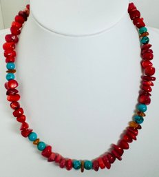 CORAL, TURQUOISE AND AMBER STERLING SILVER BEAD NECKLACE