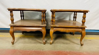 Pair Of Mid Century Two Tier Queen Anne Style Occasional Tables