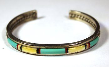 SIGNED STERLING SILVER NATIVE AMERICAN INDIAN SOUTHWESTERN INLAID CUFF BRACELET SIGNED JD