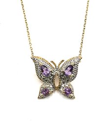 Beautiful Sterling Silver Vermeil Purple And Clear Stones Butterfly Pendant Necklace