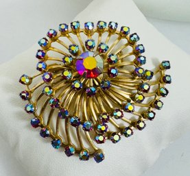 VINTAGE BLUE & RED AURORA RHINESTONE SWIRL BROOCH