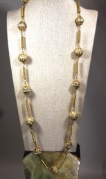 Vintage Gold Tone Rhinestone And Faux Pearl 30' Long Necklace