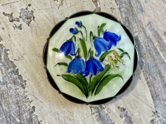 Vintage Sterling Silver & Enamel Broach With Hand Painted Bluebells  - Made In Norway