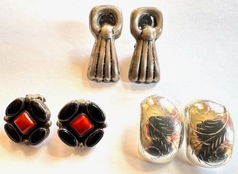 3 Pairs Sterling Silver Vintage Clip-On Earrings: From Thailand, Mexico & By Nakai