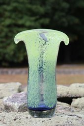 Stunning Hand Blown Green Blue Art Glass Fluted Vase