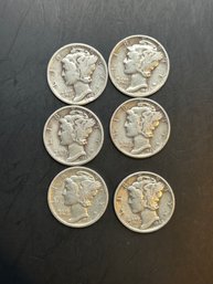 Beautiful Lot Of 6 Silver Mercury Dimes