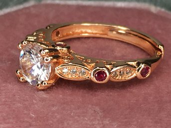 Very Pretty 925 / Sterling Silver With Pink Gold Overlay Ring With White & Fuchsia Topaz - Very Nice Setting