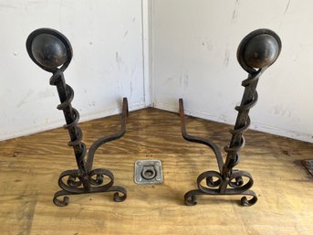 Heavy Fireplace Cast Wrought Iron Andirons 10x24x22in Pair
