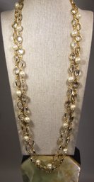 Elongated Gold Tone Crystal And Faux Pearl Necklace 56' Long!