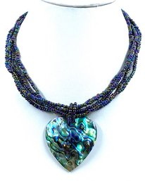 5 Line Iridescent Seed Bead Necklace W/ Abalone Heart Pendant