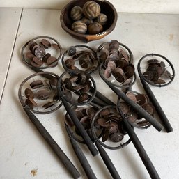 A Collection Of Handmade Instruments - Carved Wooden Bowl And Wooden Balls