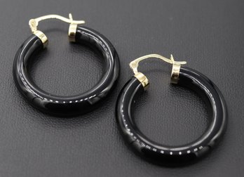 14k Yellow Gold Black Onyx Hoop Earrings