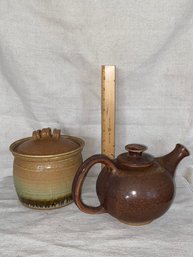 Earthenware Jar With Lid And Vintage Hand Made Tea Pot Signed  No Chips