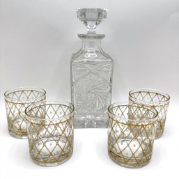 Vintage Cut Crystal Decanter & Set Of 4 Mid-Century Etched Gilded Rock Glasses