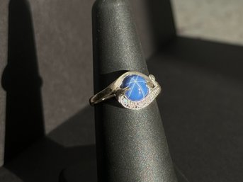 Blue Star Sapphire & Diamond Ring In 10k White Gold