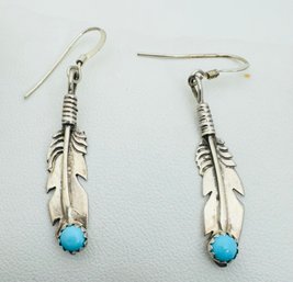 STERLING SILVER TURQUOISE FEATHER DANGLE EARRINGS