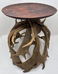 Artisan Crafted Wood Stool With Antlers