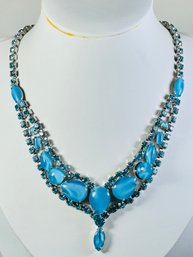 GORGEOUS VINTAGE BLUE RHINESTONE BLUE GLASS SILVER TONE NECKLACE