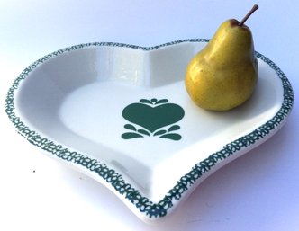 CERAMIC HEART BAKING DISH: 12.5 Inch By 10 Inch, 2 Inches Tall, Green Spongeware Type Decoration Made In China