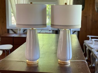Like New Pair Of Pale Grey Table Lamps With Decorated Shades