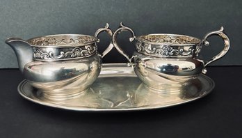 Vintage Gorham Sterling Creamer & Open Sugar Bowl On Tray All Marked & Numbered 11 Ounces Weight