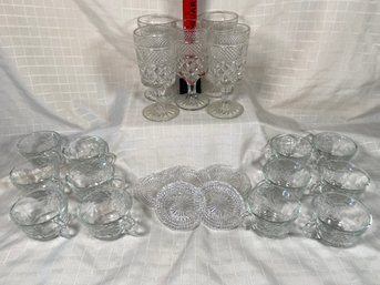 5 Clear Cut  Wine Goblets With Matching Coasters And 12 Grapevine Impression Punch Glasses No Chips