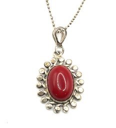 Vintage Italian Sterling Silver Chain W/ Exotic Red Cabochon Stone Pendant