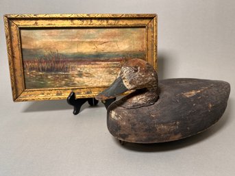 Vintage Wooden Duck Decoy & Oil Landscape Painting