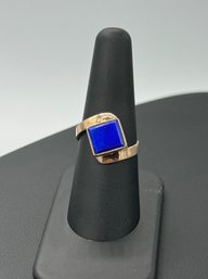 Unique Modern Design Blue Lapis Lazuli Square 10k Yellow Gold Ring