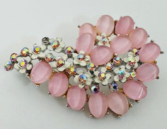 SIGNED BSK PINK RHINESTONE FLORAL BROOCH