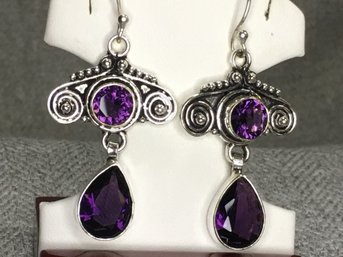 Wonderful 925 / Sterling Silver Earrings With Amethyst Earrings - Very Pretty Details - Brand New Unworn