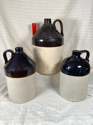 3 Antique Vintage Stoneware Crock Jugs Two 1 Gallon And A 3 Gallon? Jug No Manufacturing Markings