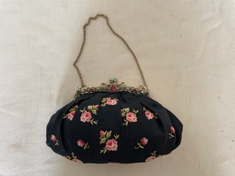 Vintage Embroidery SILK FLORAL Rhinestone Top Purse Handbag