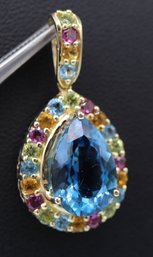 Exceptional Blue Topaz & Multi Gemstone Statement Pendant In 14k Yellow Gold