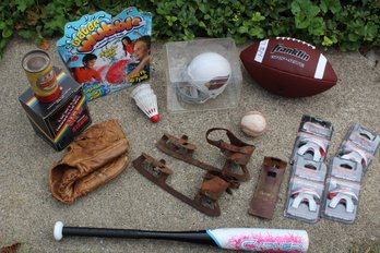 Sports Lot W/ Vintage Metal Clip On Ice Skates Shuttle Cock Tin Limited Ed Boomer Esiason Stein T-ball Bat