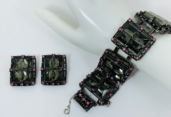 CHUNKY SIGNED SARAH COV MIDNIGHT MAGIC RHINESTONE BRACELET & EARRING SET