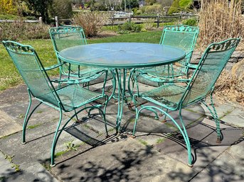 A Vintage Wrought Iron Glass Top Dining Table And Set Of 4 Chairs - Woodard Mayfair