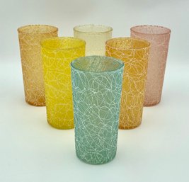 Set Of 6 Mid Century Color Craft Shatter Proof Spaghetti String Glasses