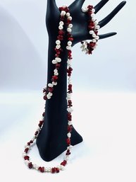 Cultured Pearl & Coral Necklace & Bracelet Set
