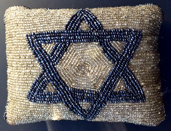 TINY JUDAICA GLASS BEADED & BLUE VELVET PILLOW: Jewish Star Of David, Vintage, 7.5 Inches By 6 Inches