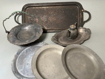 Pewter Plates, Teapot & Silver Platter Serving Pieces