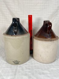Two 1 Gallon Antique Vintage Stoneware Crock Jugs One Is Stamped With A Crown